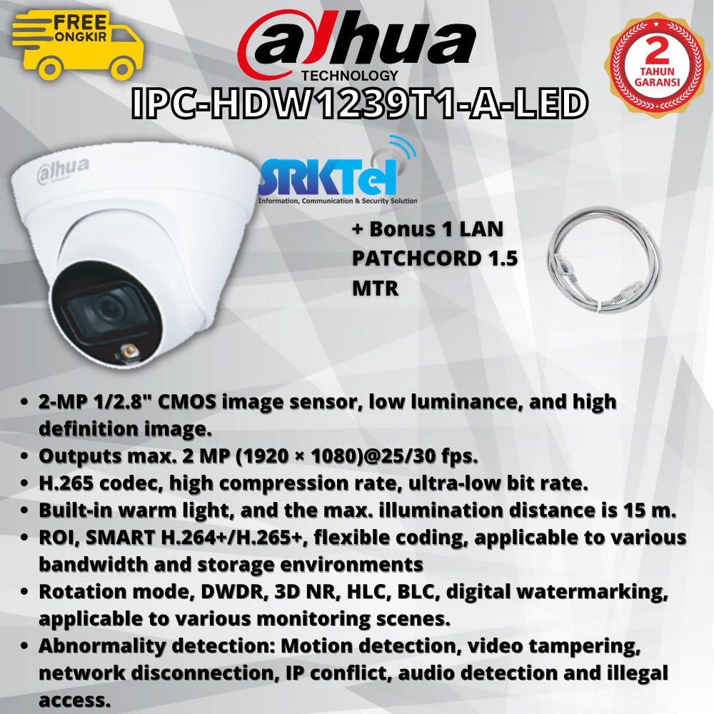 Dahua IPC-HDW1239T1-A-LED-S5 Kamera IPCam 2MP Fullcolor Audio Mic