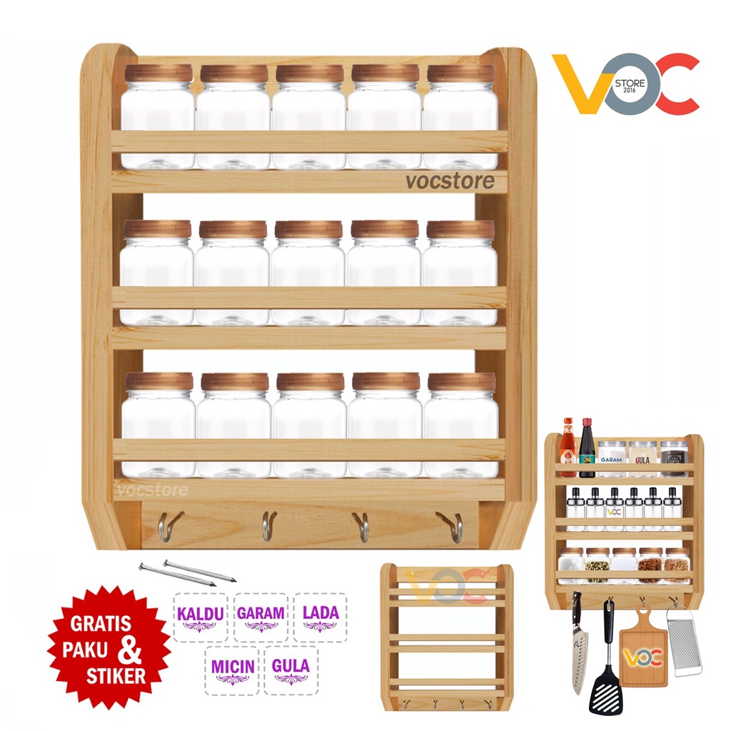 Rak Dapur Dinding Kitchen Rack Bumbu Gantung Kayu Anti Karat anti panas