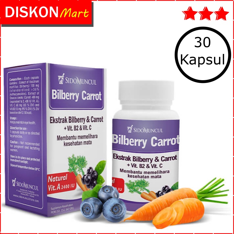 BILBERRY CARROT SIDOMUNCUL 30 KAPSUL JAMU OBAT HERBAL SUPLEMEN VITAMIN MATA A VIT B2 VIT C BILLBERRY