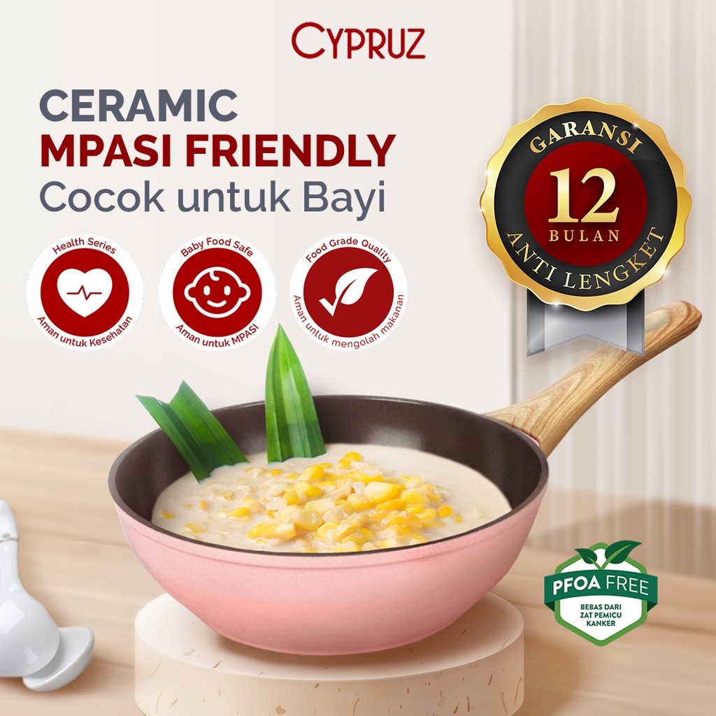 Cypruz Pink Ceramic Series Gagang Putih Kayu Fry Wok Pan