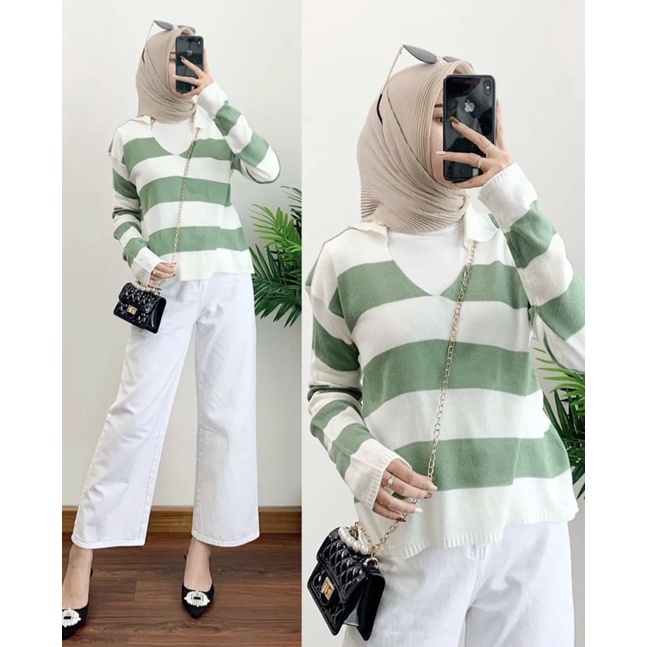 SWEATER FUJI CROP RAJUT STRIP BLASTER//ATASAN CROP RAJUT BLASTER STRIP KOREAN STYLE