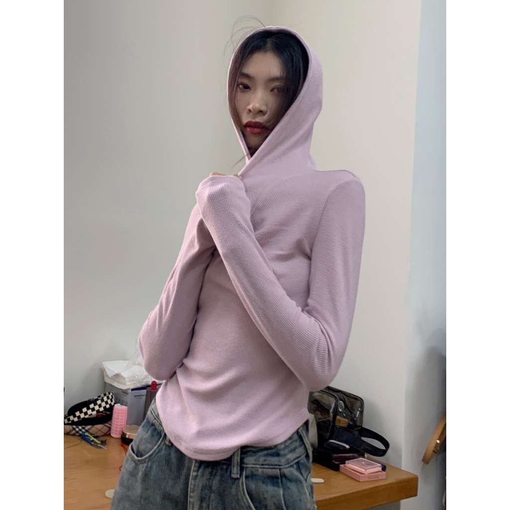 Red Gaya amerika bahu t-shirt pakaian luar berkerudung atasan rajut busur bottoming kemeja slim-fit manis keren lengan panjang musim semi baru