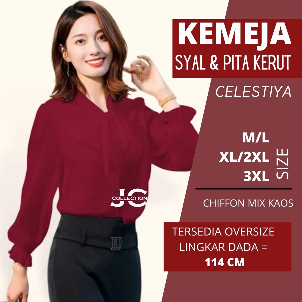 Kemeja lengan panjang Sifon wanita variasi syal leher model terbaru Celesstiya JCCollections