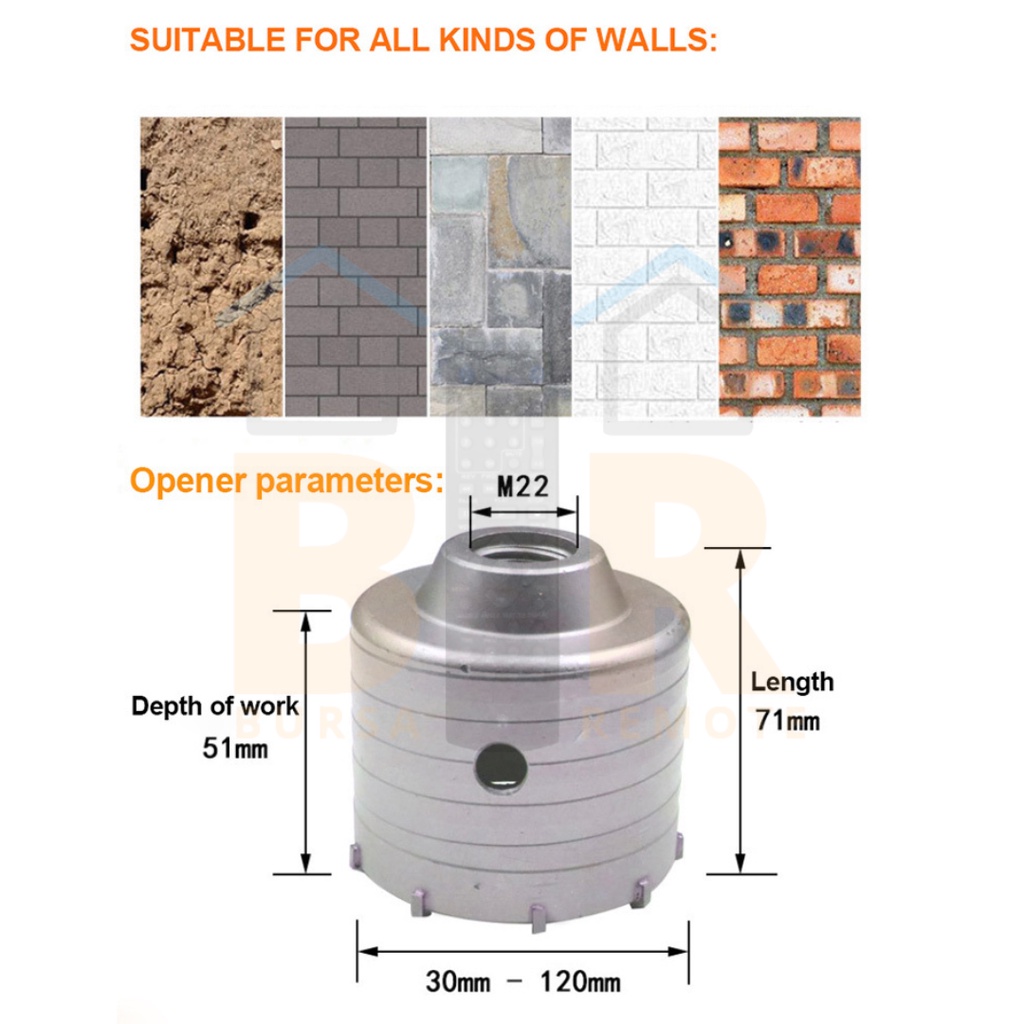 Mata Bor Bobok Beton Tembok Hollow Core 30 - 80 MM Sds Plus / Square 110 / 330MM