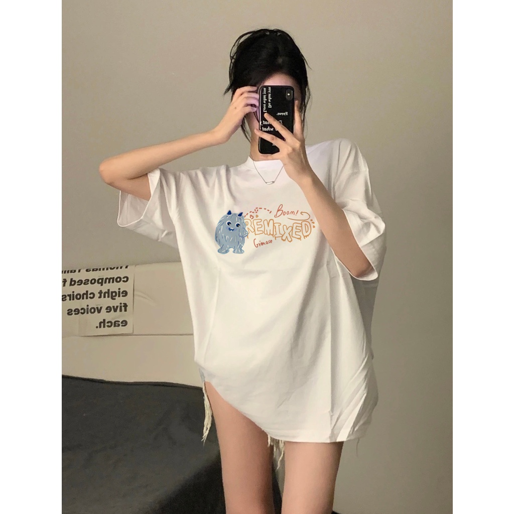 XIAOZHAINV Kaos Atasan Wanita Graffiti Little Devil Pattern Lengan Pendek A0251