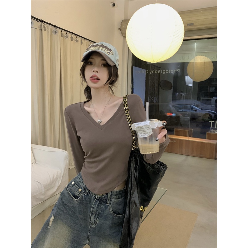 Red Rasa desain keinginan murni gaya hot girl ceruk lengan panjang kemeja bottoming wanita musim semi putih T-shirt pendek bagian dalam slim top