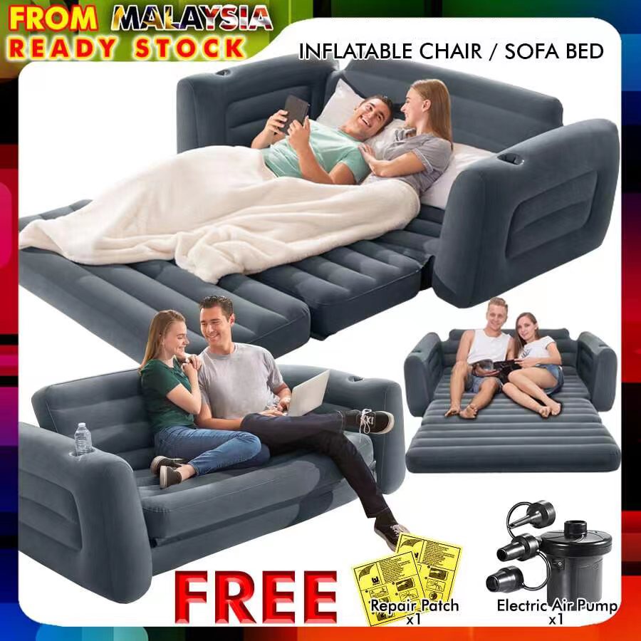 Pull Out 2 in 1 Sofa Bed Hitam. Sofa Angin Lipat Pompa Tiup Ideal untuk penggunaan di dalam ruangan,