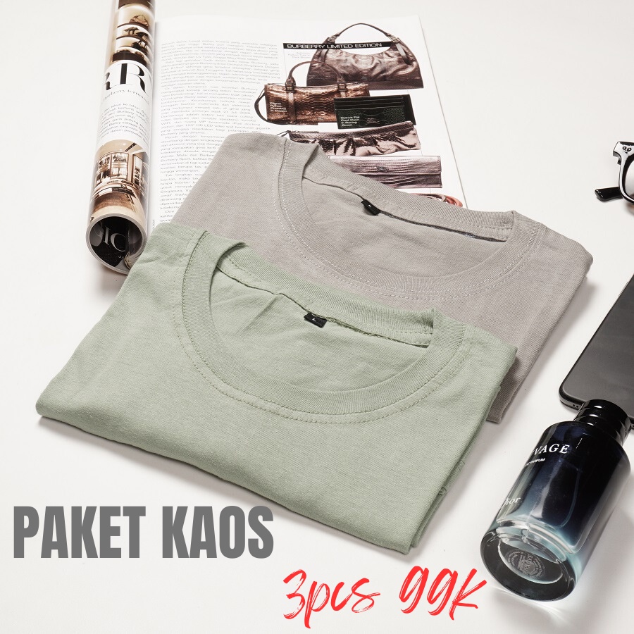 (PAKET USAHA 3PCS )  kaos polos pria cotton combed 30s