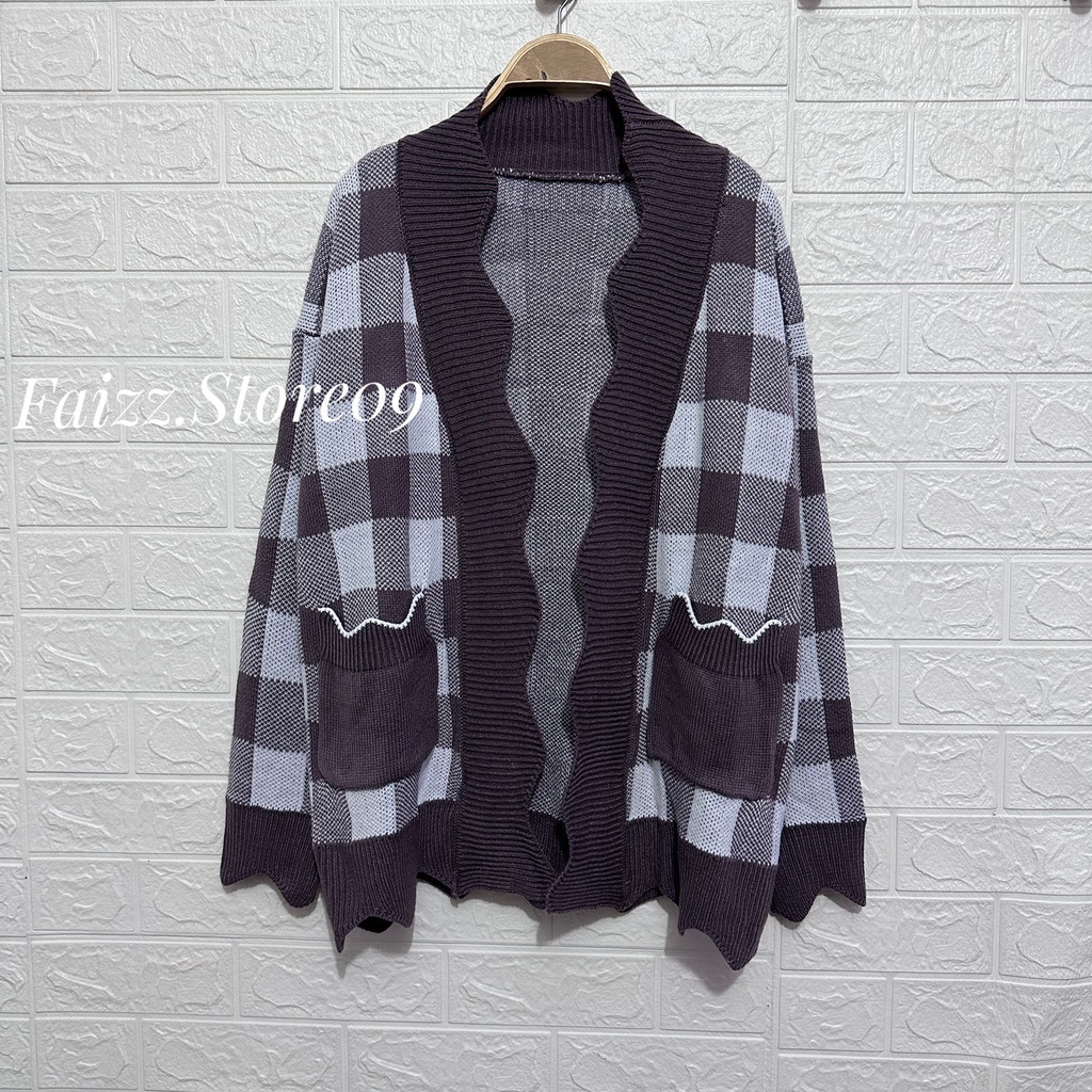 MARLINA CARDIGAN RAJUT SAKU OVERSIZE MOTIF TARTAN ATASAN LENGAN PANJANG WANITA