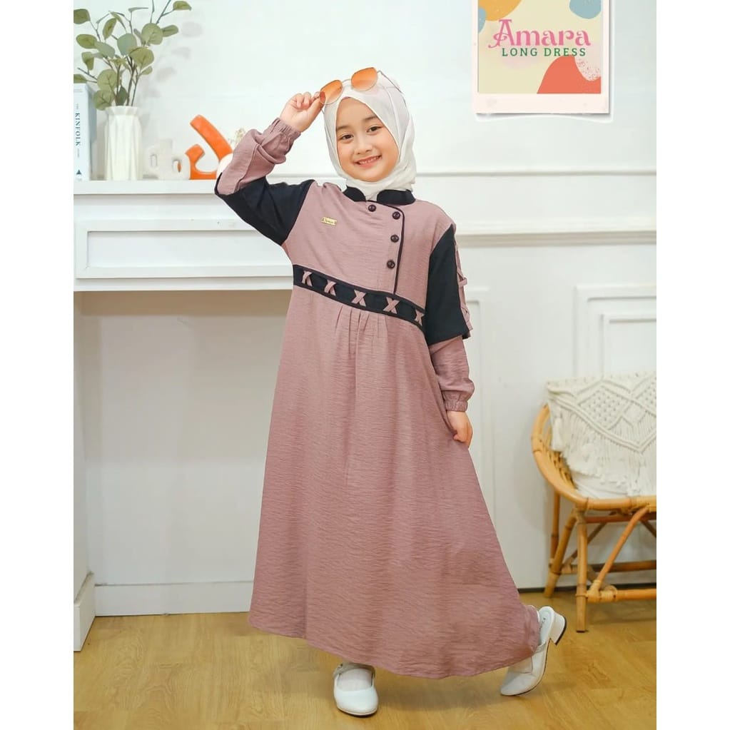 Dress Muslim Remaja Crinkle Airflow Premium/ Amara Maxy Kids/ Gamis Anak Perempuan 9-15 Tahun