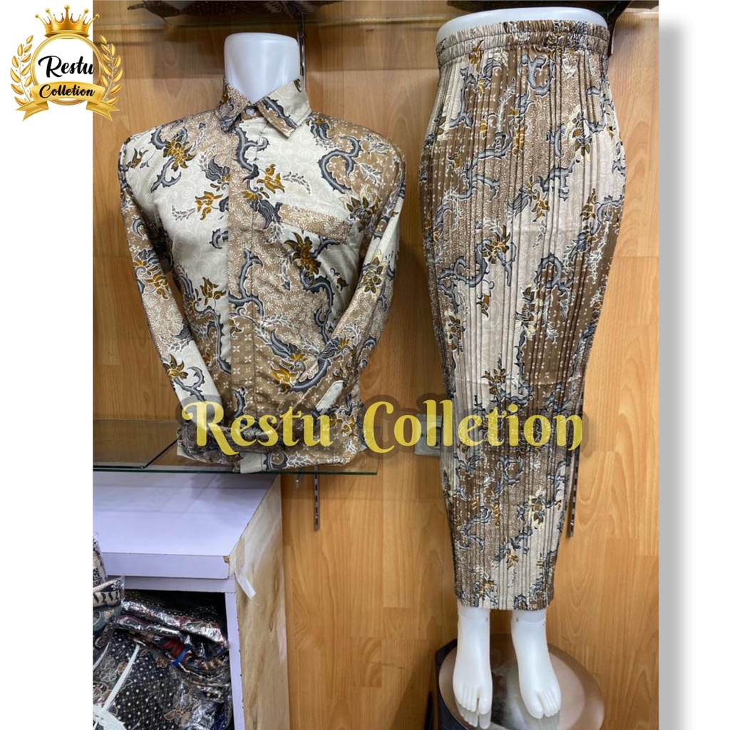 {COD} Restu Colletion Stelan Couple Kemeja Lengan Panjang  Pria Dan Rok Plisket Wanita Motif Ranting Cream  Batik Cocok Untuk Acara Nikahan Kondangan Tunangan Wisuda Bawahan Kebaya Kantoran Perpisahan / Acara Besar Lainnya Bahan Premium Bestseller