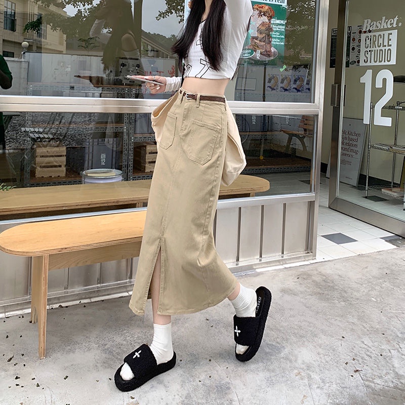 Red Rok Perkakas Celah Retro Wanita Temperamen Khaki Musim Gugur Lurus A-line Rok Pinggang Tinggi Ramping Rok Panjang Sedang