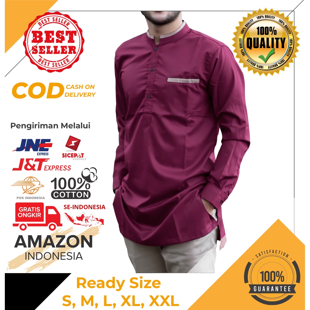 Baju Koko Pria Dewasa Lengan Panjang Warna Hijau Army Merah Marun Maroon Terbaru Series - Baju Muslim - Koko Lengan Panjang - Kemko Hadroh - Busana Muslim - Takwa Kurta Modern Premium El Rumi Merah Marun Maroon