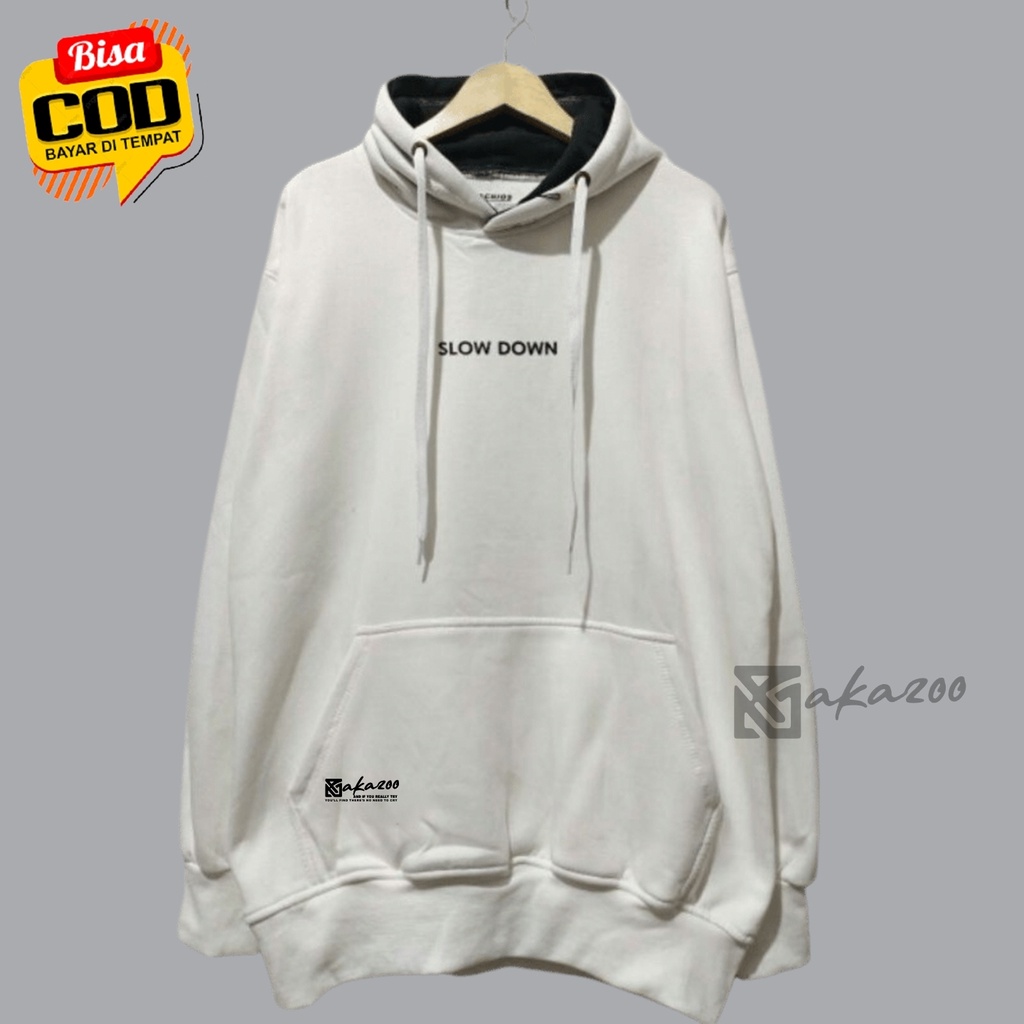 hoodie distro pria original AKAZOO WARNA PUTIH slow down bahan flece sweater oversize pria xxl ziper hoodie korea style akazoo.id