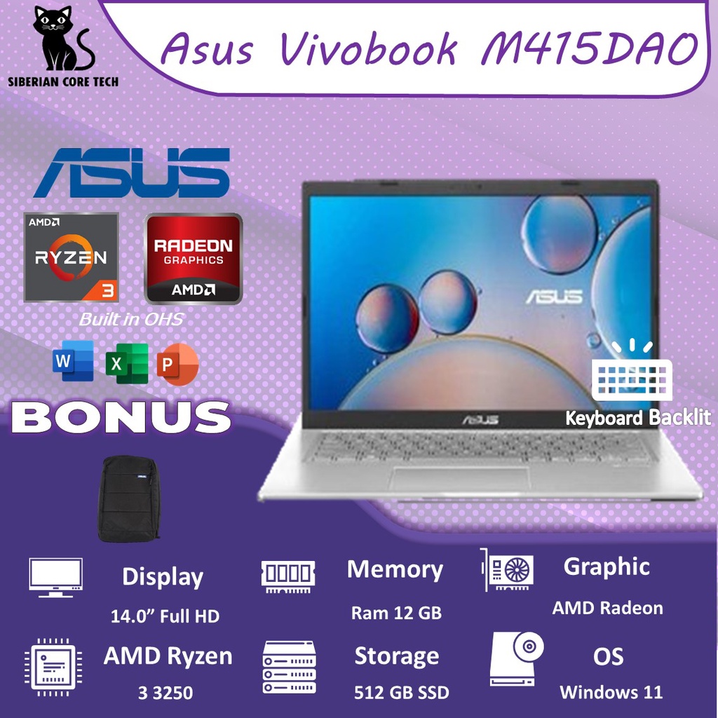 ASUS VIVOBOOK 14 M415DAO FHD351 RYZEN 3 3250 12GB 512SSD VEGA3 W11+OHS 14.0FHD