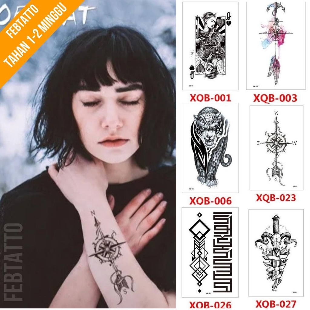 Tato Temporer Ukuran 21cmx11cm Motif Aesthetic Tatto Temporary Stiker Tato Halal Grosir Tato air motif perempuan, jangkar, macan, aksara, pedang, tanduk XQB 023