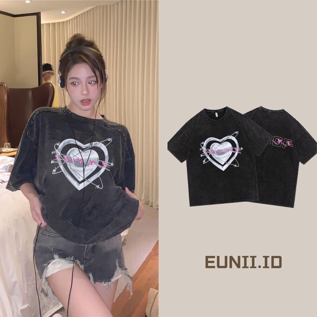 EUNII T-shirt Lengan Pendek Black Washed Retro Pink Heart Design Printing Korean Style/Kaos Atasan Wanita/Baju Wanita