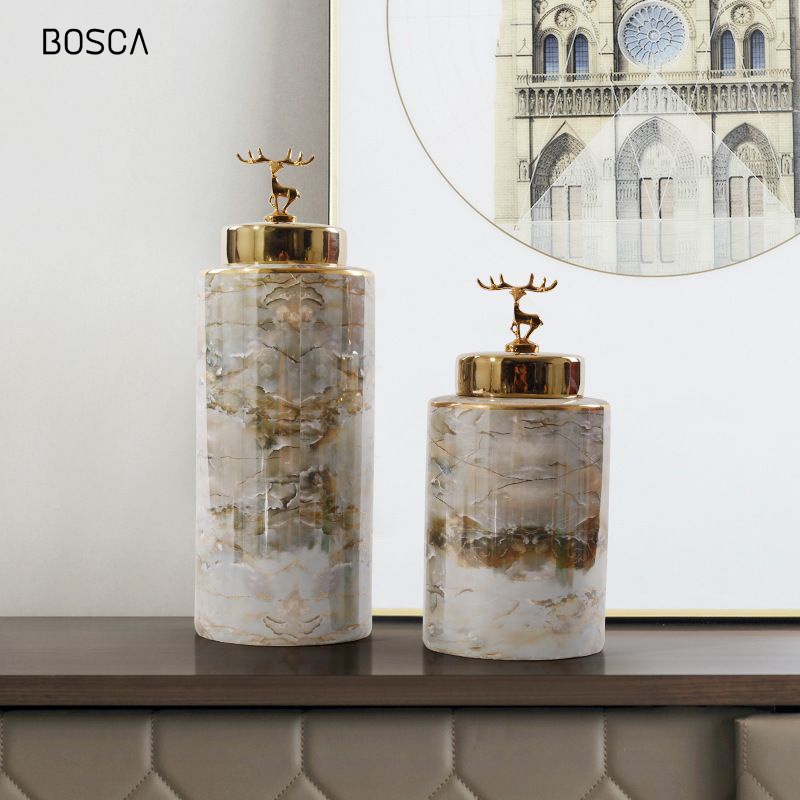 Bosca Living - Luxury Marble Deer Gucci Vase / Vas Guci Keramik Rusa Marmer/ Hiasan Ruang Tamu Mewah