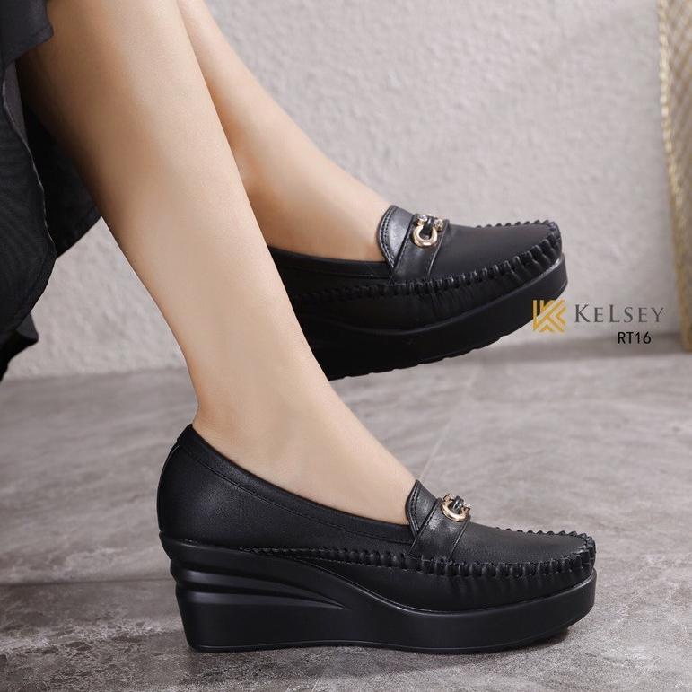 STOK TERBARU Kelsey Sepatu Wedges Wanita Sepatu Kerja Kulit Wesges 6,5cm RT16