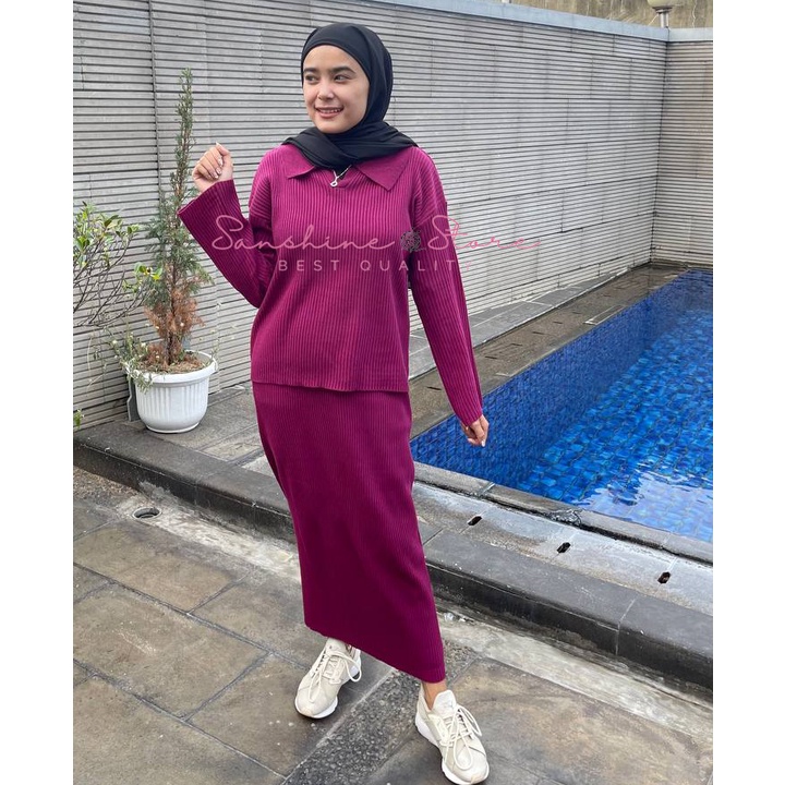 One Set Setelan Rok Span Rajut Dan Atasan Polo Rajut Wanita Fit To XL