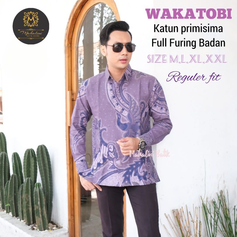 WAKATOBI Ungu LILAC Hem atasan Kemeja Batik Pria Modern Lengan Panjang Pendek Full Furing Ungu lilac