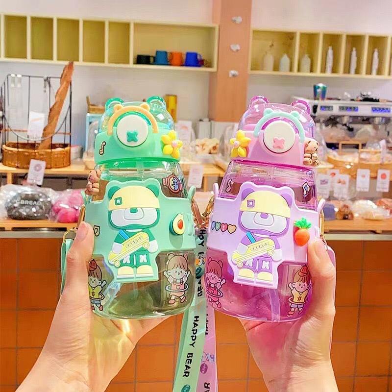 STV Botol minum anak happy bear 600ML/ Botol minum anak sedotan animal series botol anak lucu botol hits free stiker 2d dan 3d