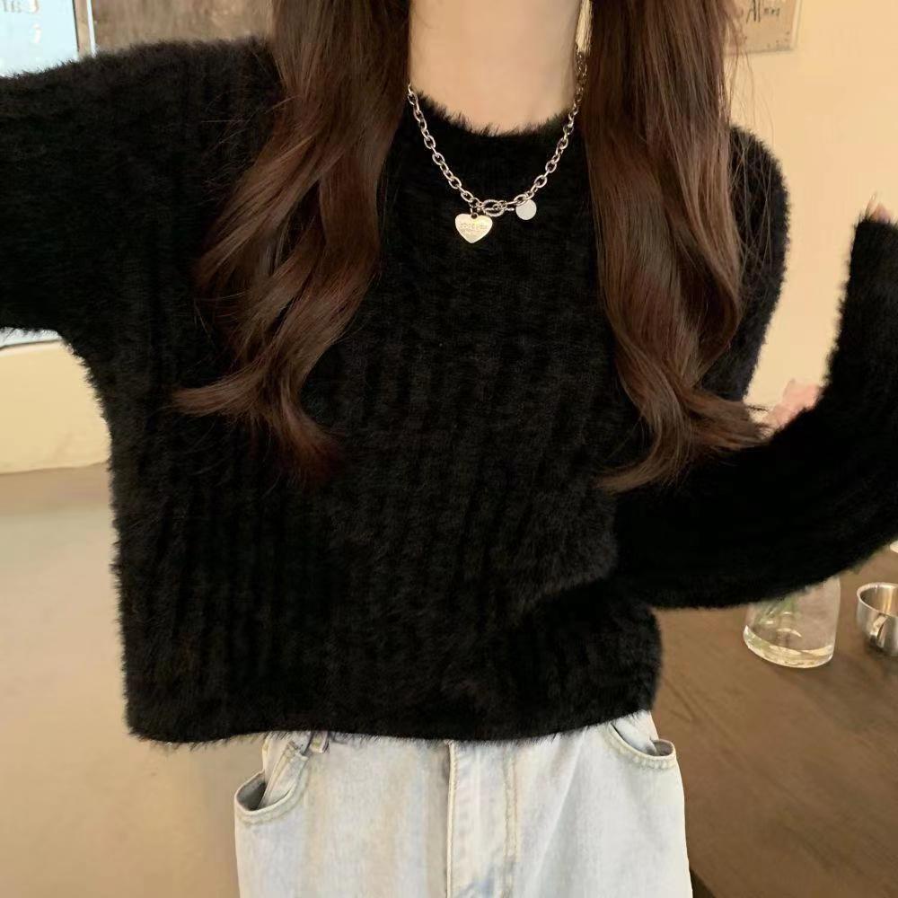 YIU YIU Rajut - Korea Sweater Wanita Crewneck Sweeter Crop Sweater Putih Lengan Panjang Rajut