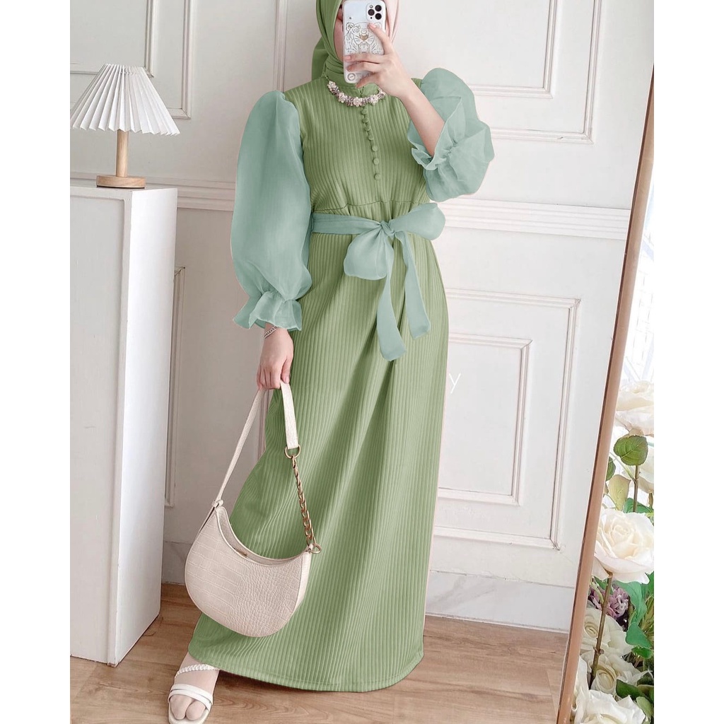 Maxy Dress Vienita Long Dress bahan knit mango premium bagian lengan lapis organza ld 106cm pjg 138c