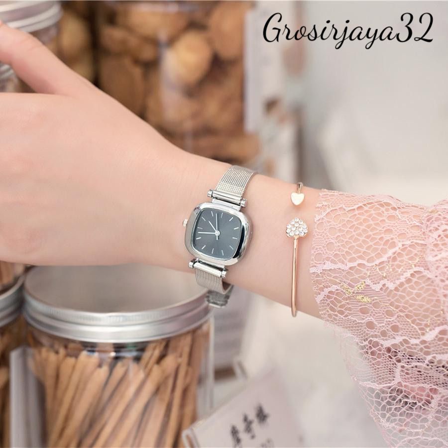 Jam Tangan Wanita Kecil NICKY  Elegan Dial Kotak Dengan Strap Karet Pasir Fashion Casual Wanita