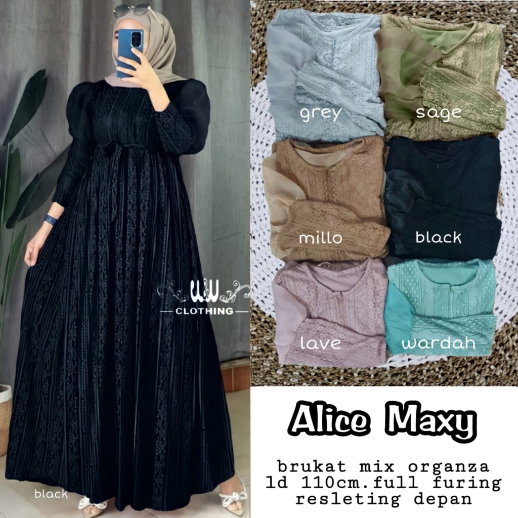 Alice Maxy Brukat Gamis Muslimah Wanita Remaja Jumbo LD 110 Alice Dress Kondangan Lamaran Tunangan Seragaman Bridesmaid Baju Lebaran kekinian Terbaru Warna Sage Maroon Navy Mocca Mint Bata Wardah Hitam Dusty Grey Lavender Grosir Murah