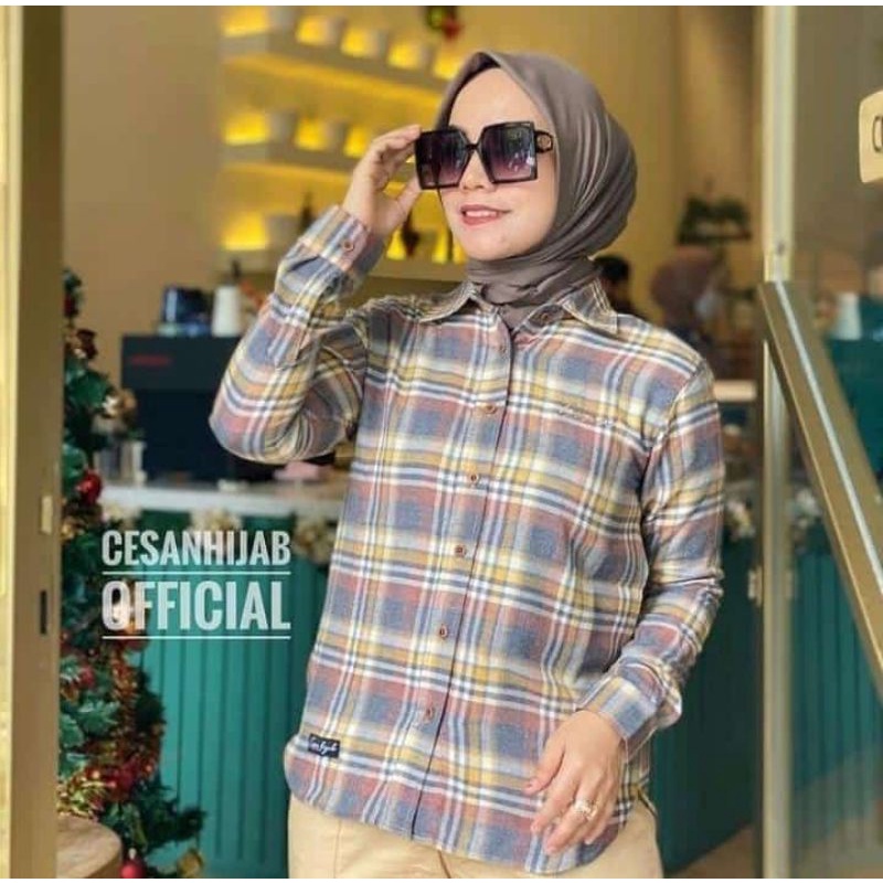 ATASAN KEMEJA KOTAK COKLAT CESANHIJAB CESAN HIJAB OFFICIAL || MOUNEERASHOP