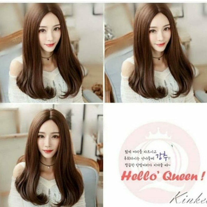 Wig Korea Belah Tengah Lurus Sedada Medium Wig Rambut Asli Wig Wanita