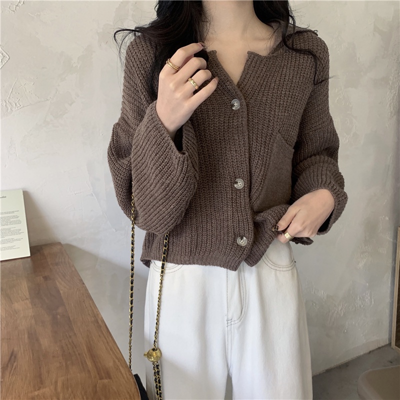 [3 Warna]EUNII Korea Style Cardigan Rajut Atasan Lengan Panjang Crop Top Atasan