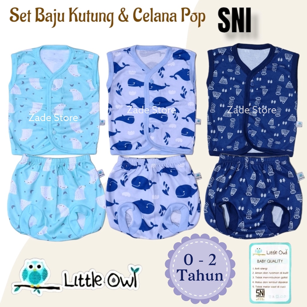 Setelan baju bayi anak SNI Little Owl 0-18 bulan set baju lengan kutung singlet celana Pop kodok paket baju bayi newborn laki - laki perempuan