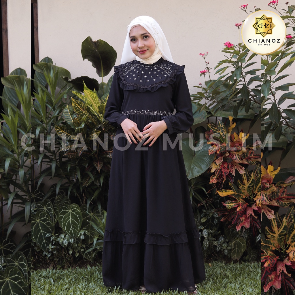 CHIANOZ Gamis Hitam Mewah Kirana Dress Brukat Renda Baju Lebaran Umroh Haji Manasik Pesta Akad 315