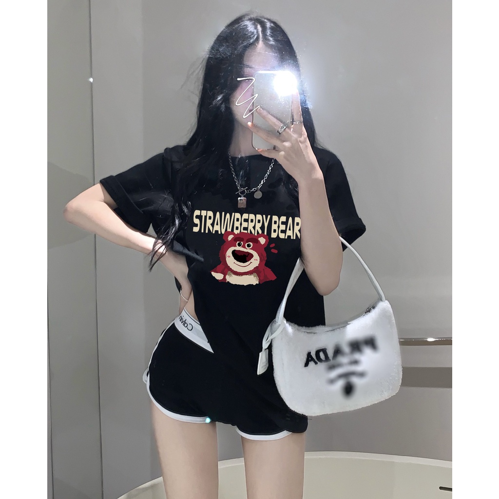 EUNII T-shirt Lengan Pendek Cute Strawberry Bear Korean Style/Kaos Atasan Wanita/Baju Kaus Oversize Wanita/Kaos Wanita