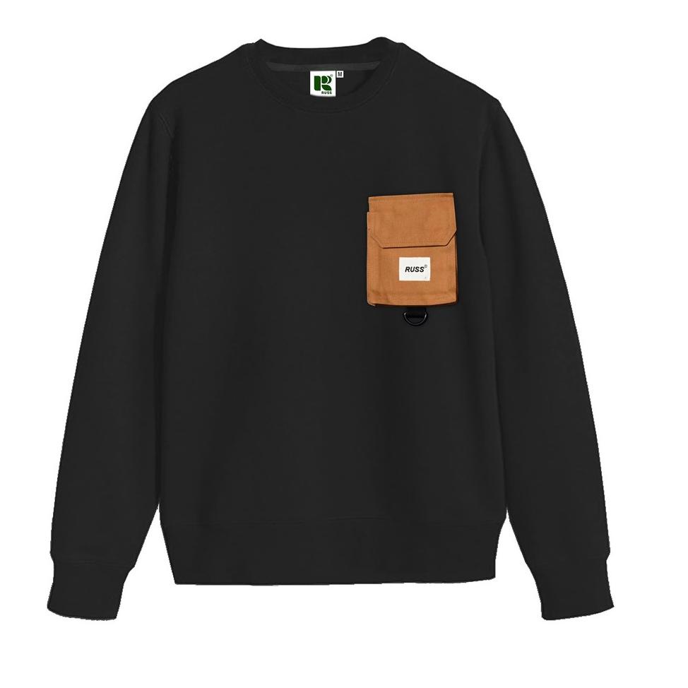 TERMURAH Russ Sweater Crewneck Pria Pouch Break Black ( Up To Big Size )