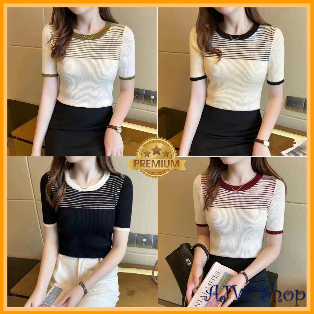 AJWShop HT Kaos Rajut Wanita Lengan Pendek Polos Salur Import | Baju Rajut Wanita Lengan Pendek Salur Polos Impor | Atasan Rajut Wanita Lengan Pendek Salur Polos Import | Baju Lengan Pendek Remaja | Kaos Lengan Pendek Remaja | Atasan Lengan Pendek Remaja