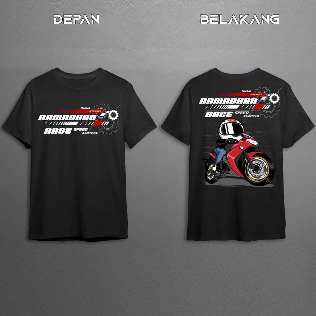 Kaos Baju Tshirt Ramadhan RaceLebaran Motor alone mudik Pria Baju Distro Basic Lengan Pendek depan belakang