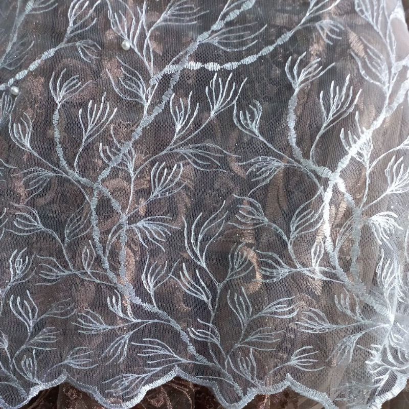 kain tile bordir mutiara murah PUTIH bahan kebaya baju gamis dress