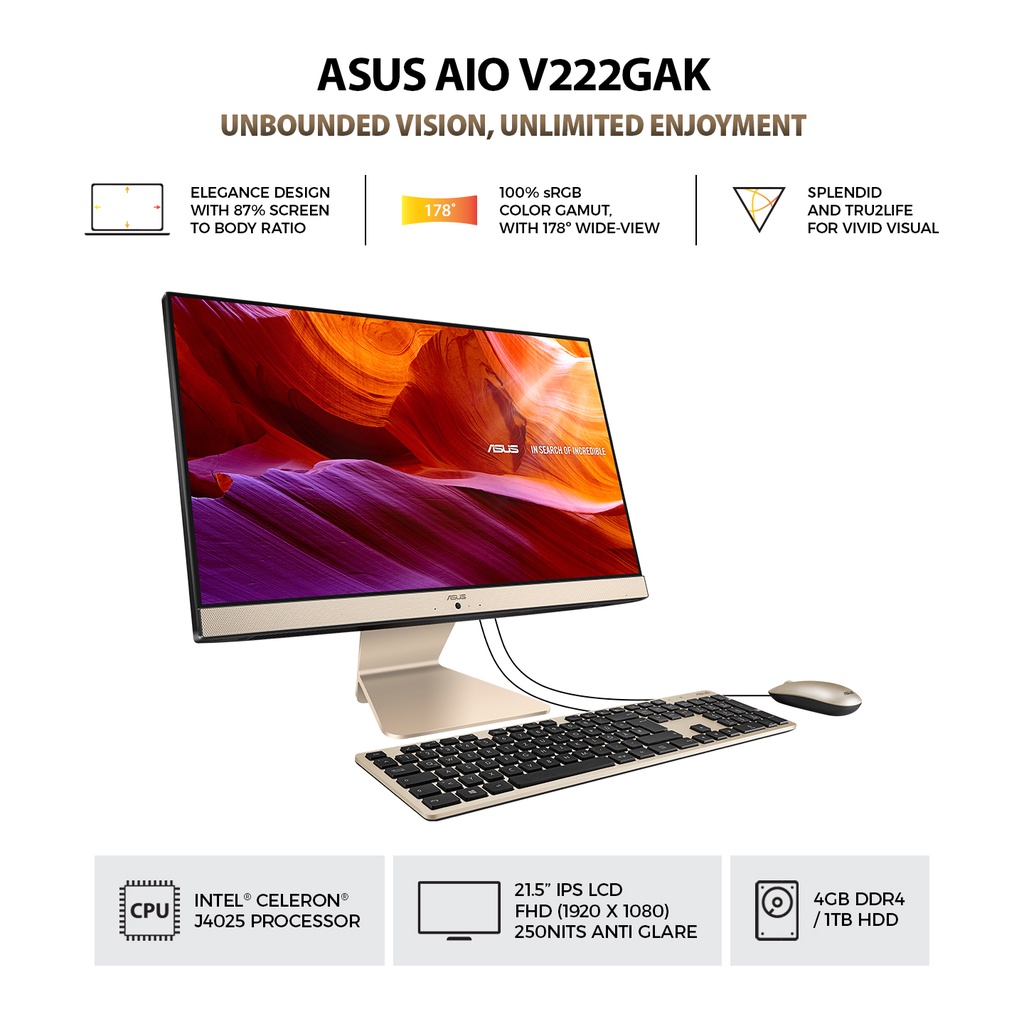 PC Asus Vivobook AiO V222GAK-BA141W Intel J4025|4GB|1TB|21.5"|W10|Key Mouse