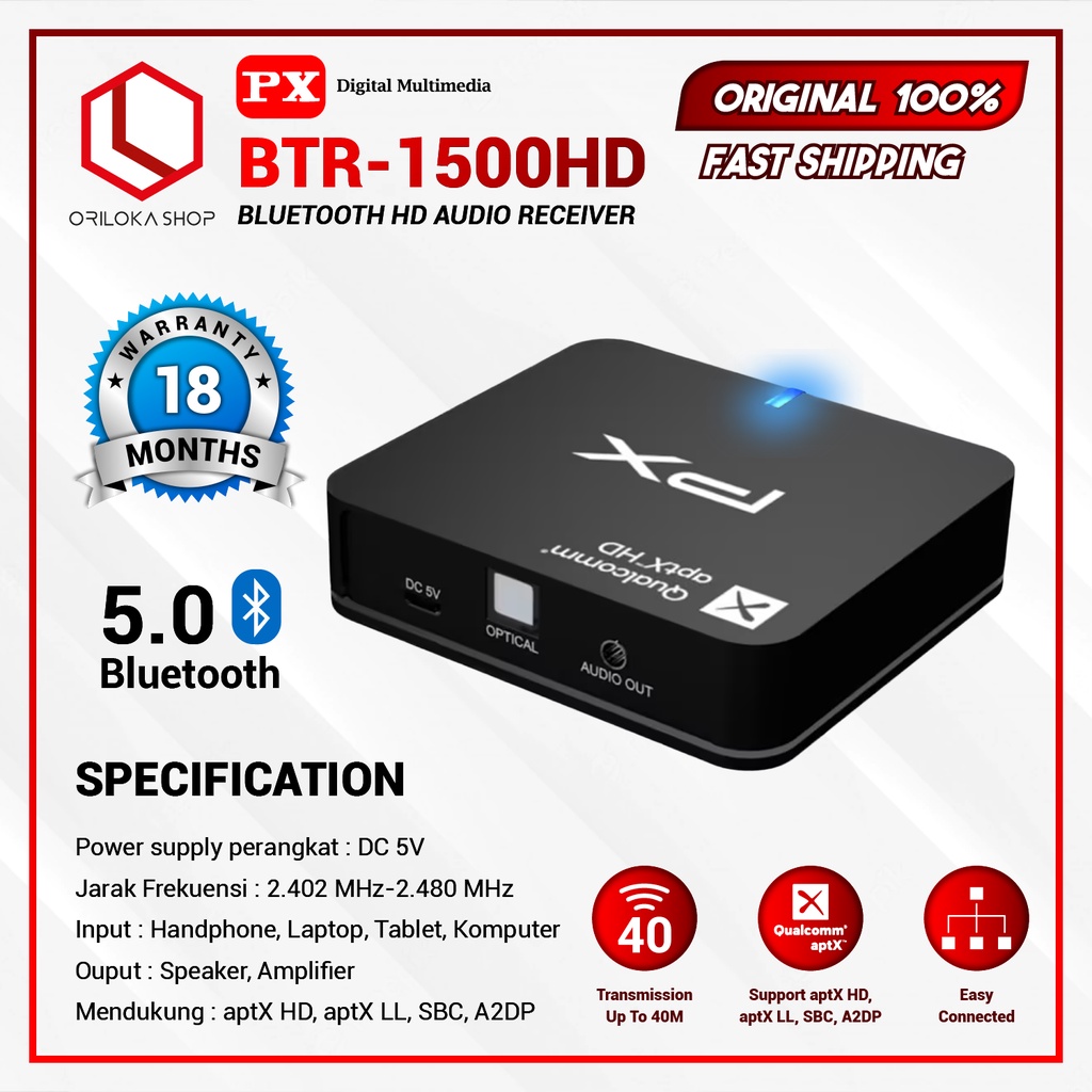 PX BTR-1500HD Bluetooth Audio Receiver 5.0 aptX HD Aux 3.5mm Optic