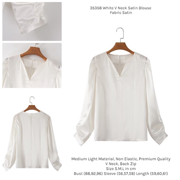 35358 Blouse Putih Satin Lengan Panjang White V Neck Satin Blouse
