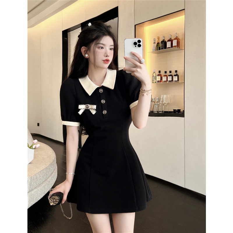 Red Pencocokan warna pencocokan usia polo collar dress wanita musim panas kecil aroma busur rok pendek gaya luar negeri ramping pinggang pinggang rok a-line