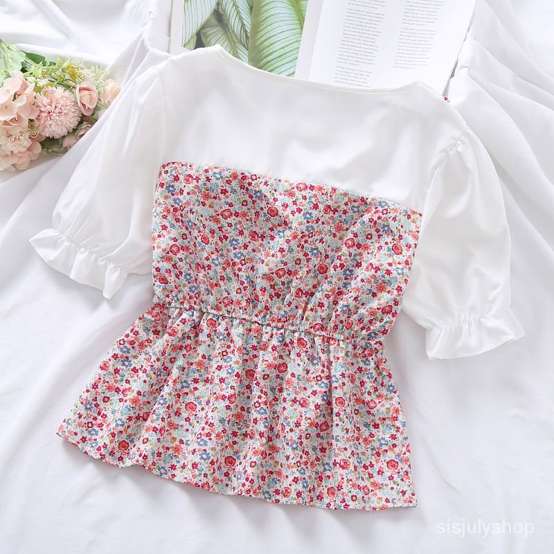 [✅BISA COD] #Sisjuly# Atasan wanita / baru palsu dua potong bunga leher bulat pinggang lengan pendek