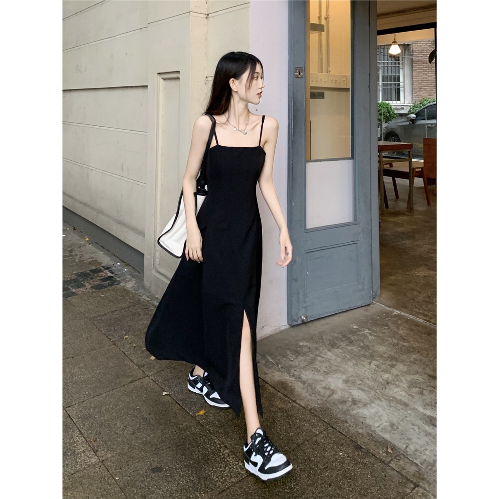 Red Kumikumi Hepburn style black suspender dress women s spring French waist A-line skirt slit skirt