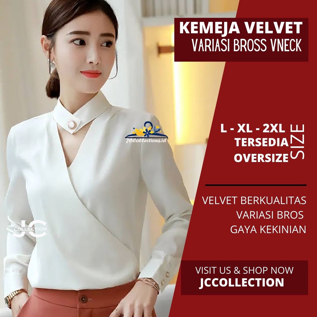 JCCollections Blouse Korea Style Satin Velvet leher tinggi Wanita Gaya Korea Lengan Panjang Minna