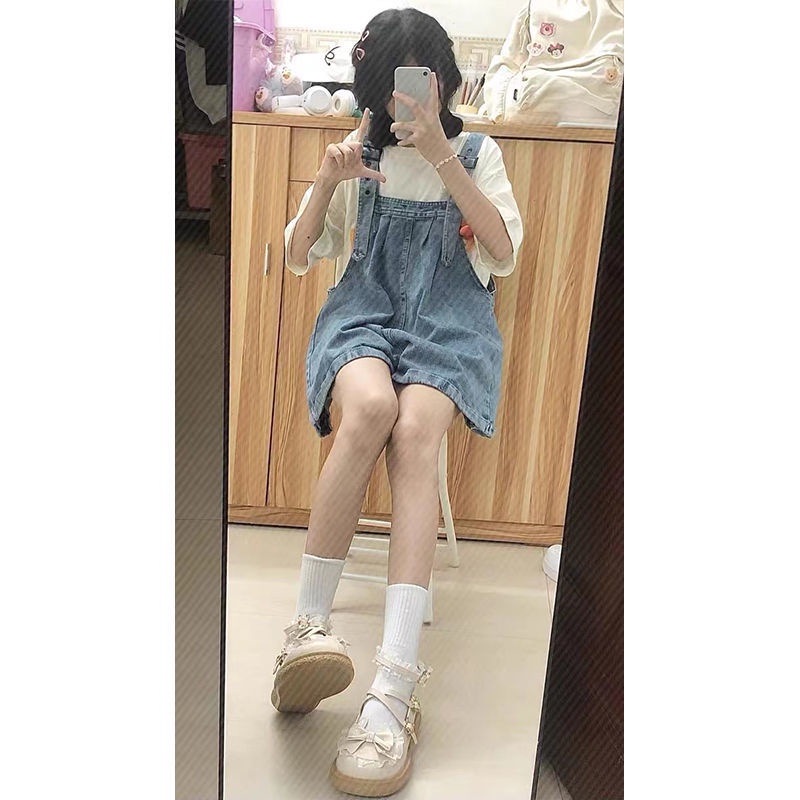 Red Denim overall wanita musim panas bagian tipis garam kecil seri ceruk desain rasa celana pendek lebar kaki kasual retro longgar