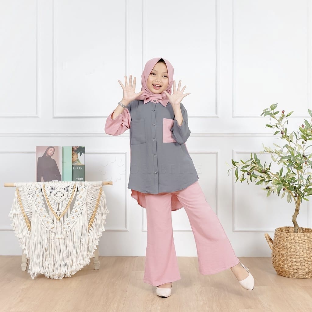 Setelan Anak Perempuan 10-12 Tahun Alexa Set Sage Olive Plus Hijab Baju Setelan Anak Celana Panjang Keika Oribelle One Set Crinkle