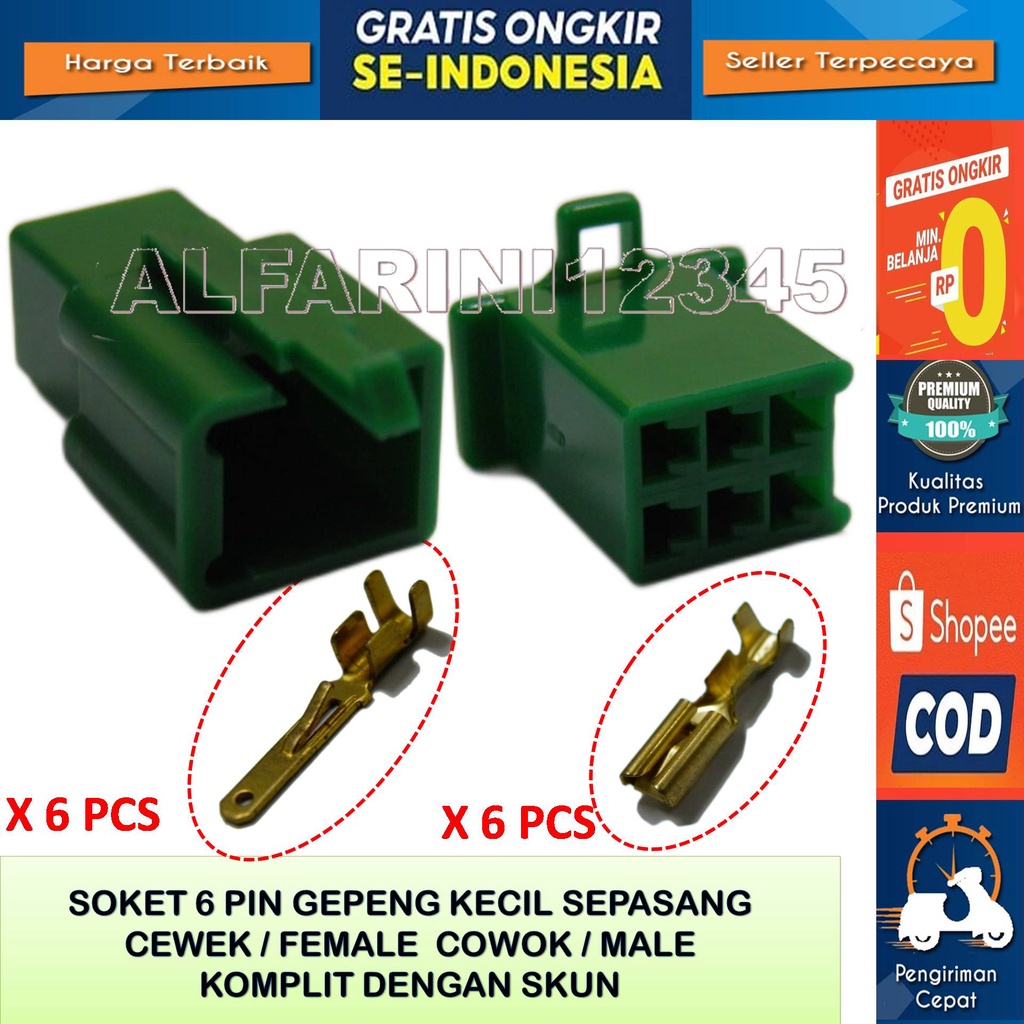 SOKET MOTOR KONEKTOR KABEL 6 PIN KECIL MOTOR MOBIL MALE FEMALE HIJAU - Soket Kabel gepeng 6 Pin Keci